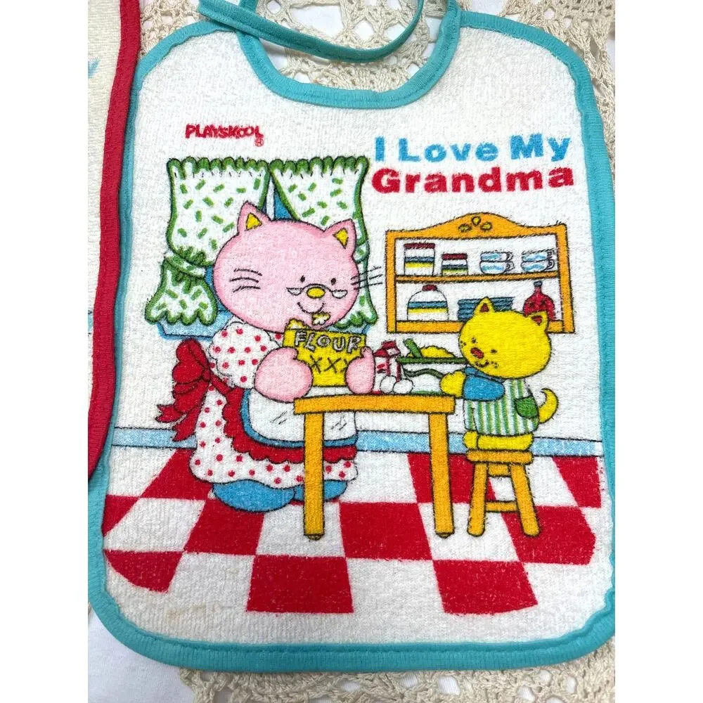 Vintage Playskool Terry Plastic Tie Neck Bibs 1990s I Love My Grandma /Grandpa